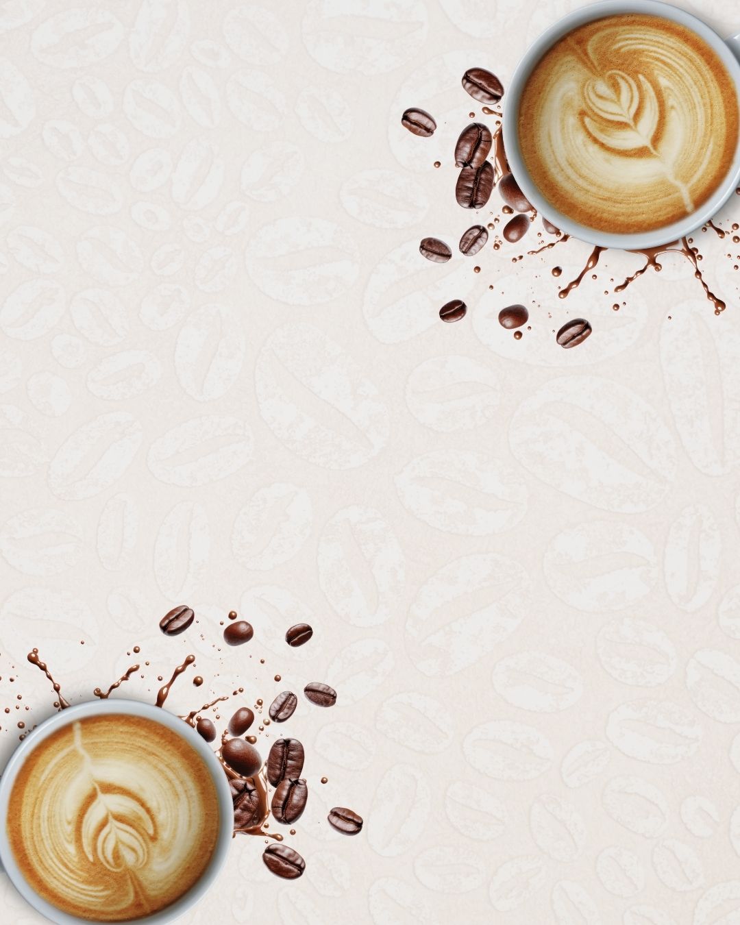Dos tazas de café con arte latte y granos de café sobre fondo claro